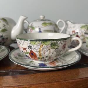 Antique Japanese Kutani Egg Shell Porcelain Geisha Tea Set Handpainted 1910-20